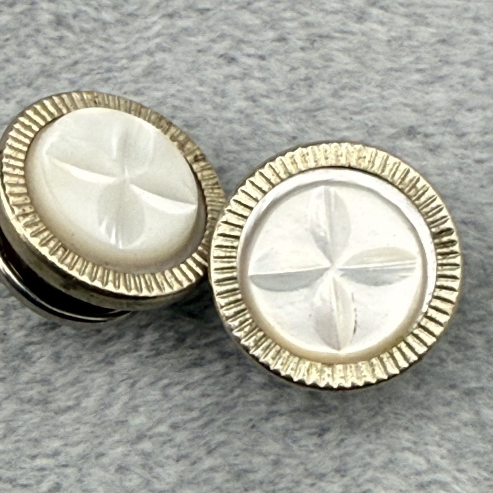 Vintage Cufflinks Silver Tone Snap Mother of Pearl - Picture 4 of 7